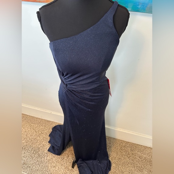 B. Smart 1 shoulder Sparkly Navy Formal Body Con Open Back Prom Maxi Dress Small - Picture 3 of 11